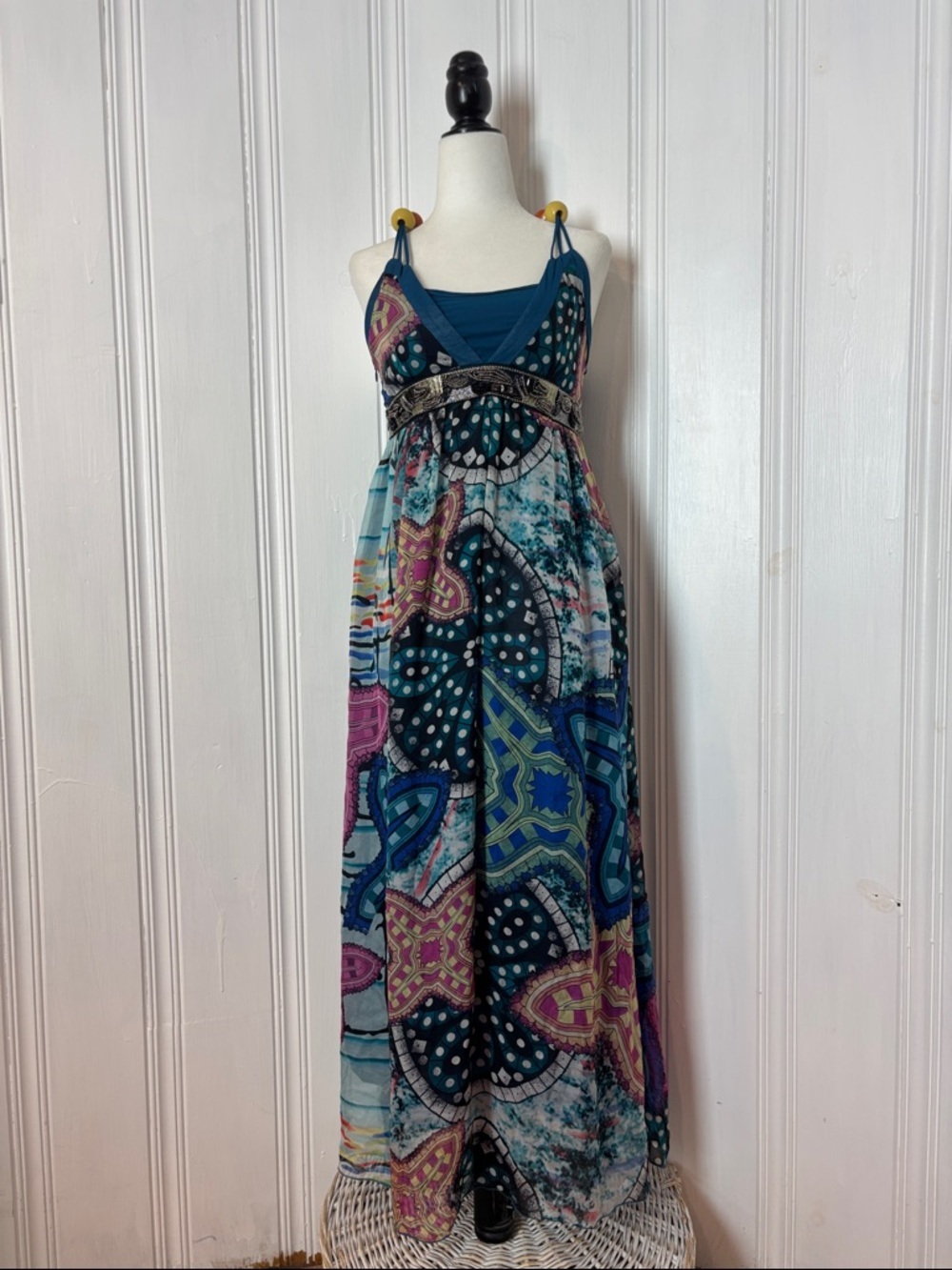 100% Silk Beaded Halter Maxi Dress with  Empire Waist - Size XS